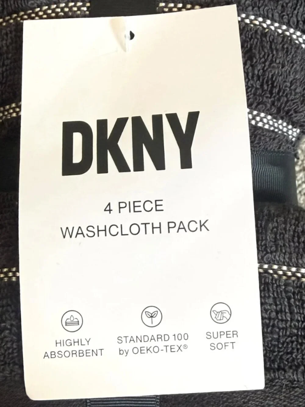 NWT DKNY 4-Piece Washcloth Pack Black Striped Cotton Towels Set